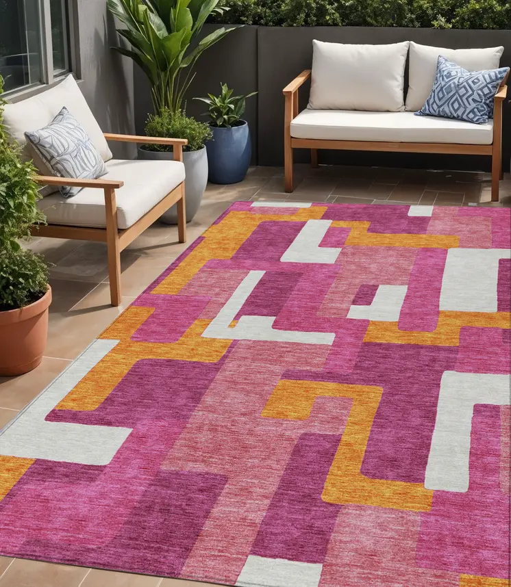 5' X 8' Pink Ivory And Orange Geometric Washable Indoor Outdoor Area Rug