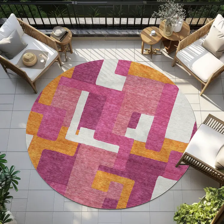 8' Pink Ivory And Orange Round Geometric Washable Indoor Outdoor Area Rug