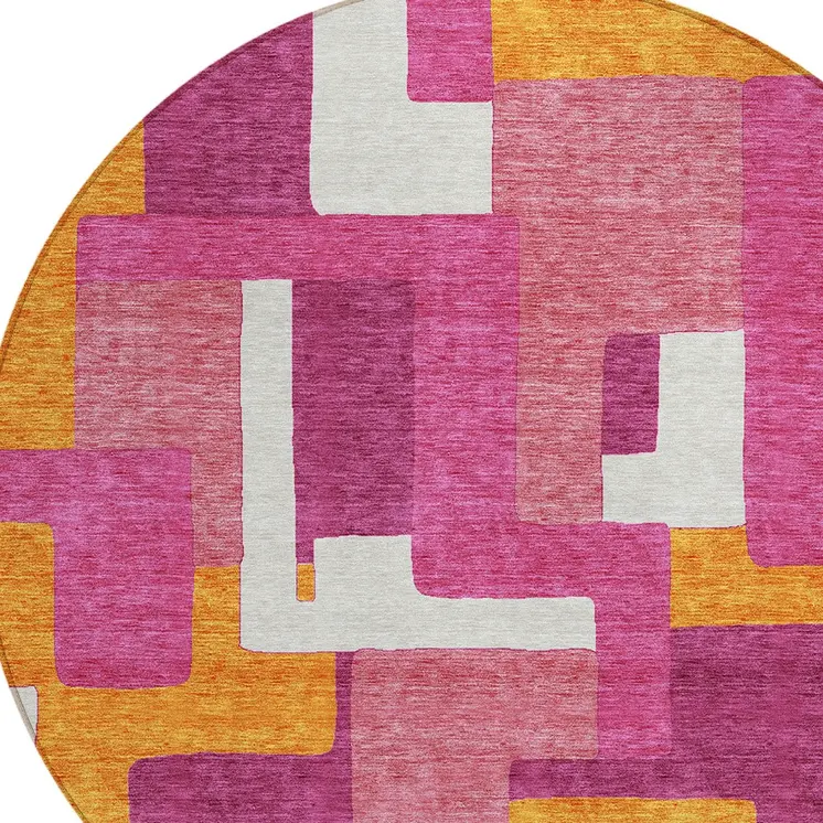 8' Pink Ivory And Orange Round Geometric Washable Indoor Outdoor Area Rug