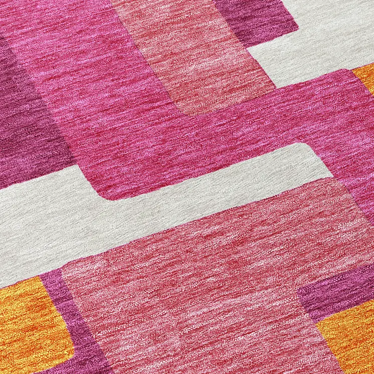 8' Pink Ivory And Orange Round Geometric Washable Indoor Outdoor Area Rug