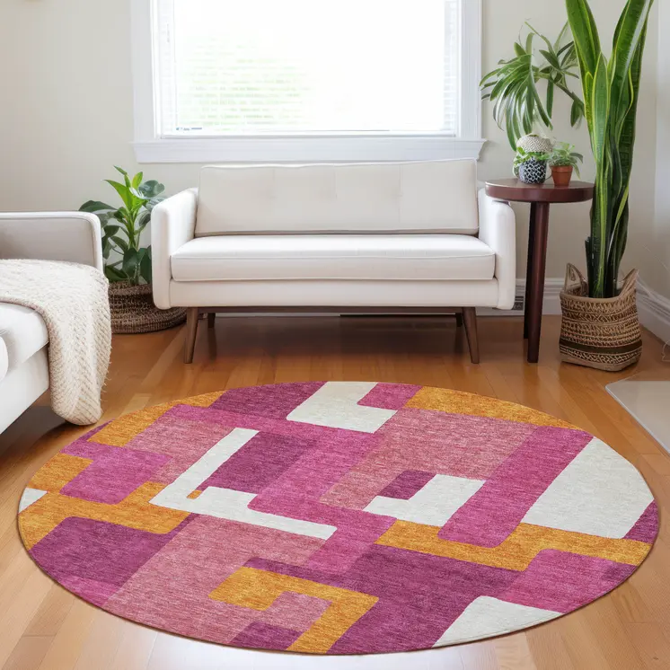 8' Pink Ivory And Orange Round Geometric Washable Indoor Outdoor Area Rug