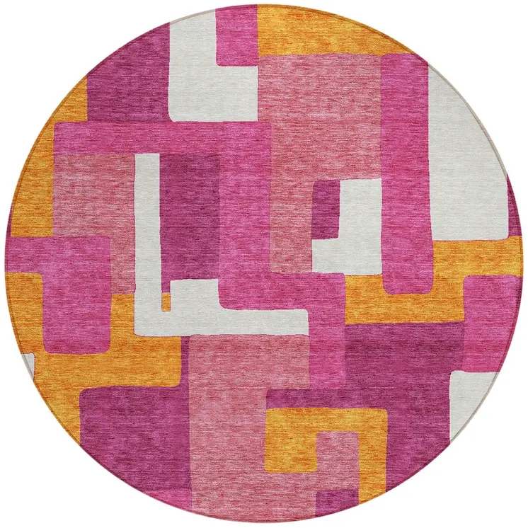 8' Pink Ivory And Orange Round Geometric Washable Indoor Outdoor Area Rug