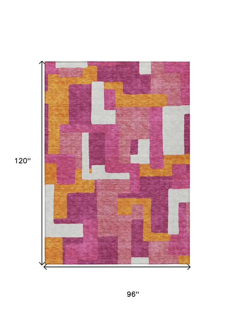 8' X 10' Pink Ivory And Orange Geometric Washable Indoor Outdoor Area Rug