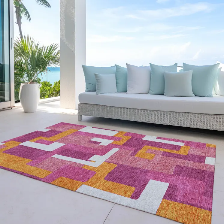 8' X 10' Pink Ivory And Orange Geometric Washable Indoor Outdoor Area Rug