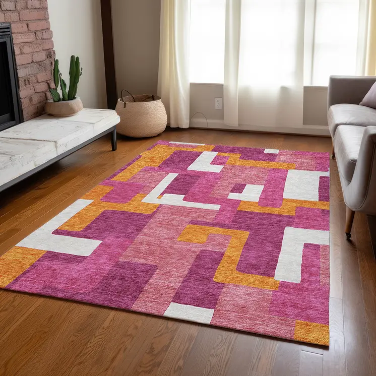 8' X 10' Pink Ivory And Orange Geometric Washable Indoor Outdoor Area Rug