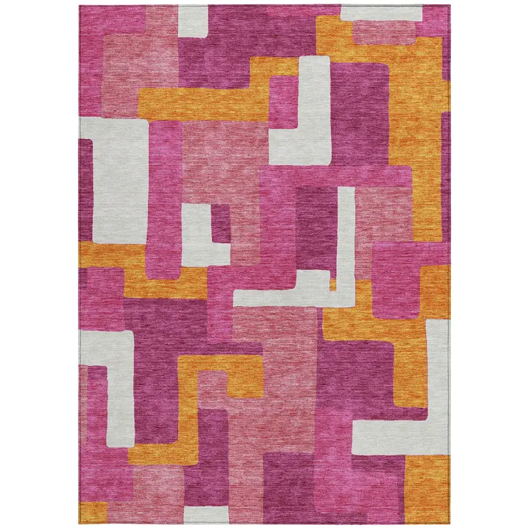 9' X 12' Pink Ivory And Orange Geometric Washable Indoor Outdoor Area Rug