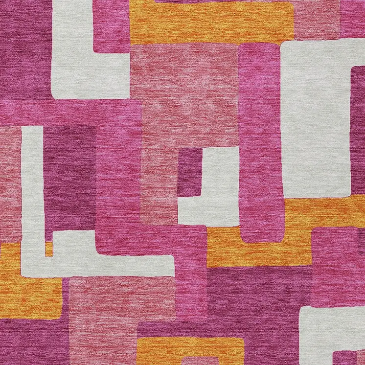 9' X 12' Pink Ivory And Orange Geometric Washable Indoor Outdoor Area Rug