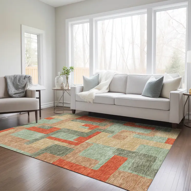 3' X 5' Sage Gray And Orange Geometric Washable Indoor Outdoor Area Rug