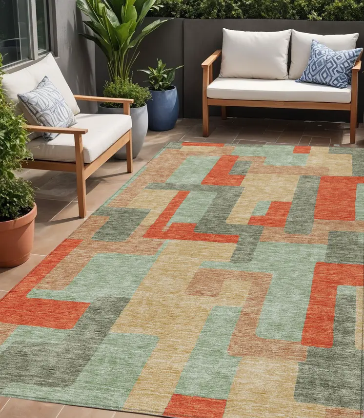 5' X 8' Sage Gray And Orange Geometric Washable Indoor Outdoor Area Rug