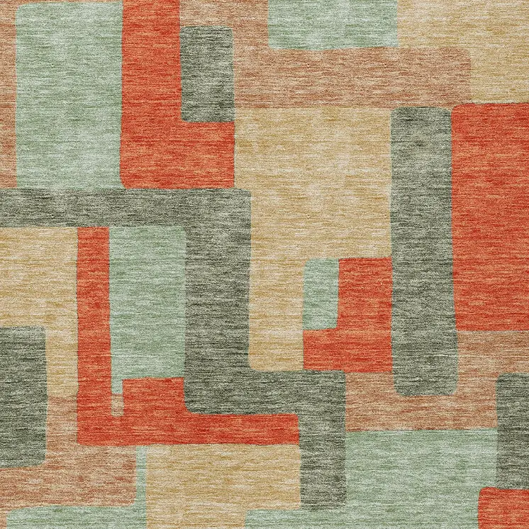 5' X 8' Sage Gray And Orange Geometric Washable Indoor Outdoor Area Rug