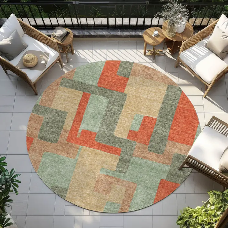 8' Sage Gray And Orange Round Geometric Washable Indoor Outdoor Area Rug