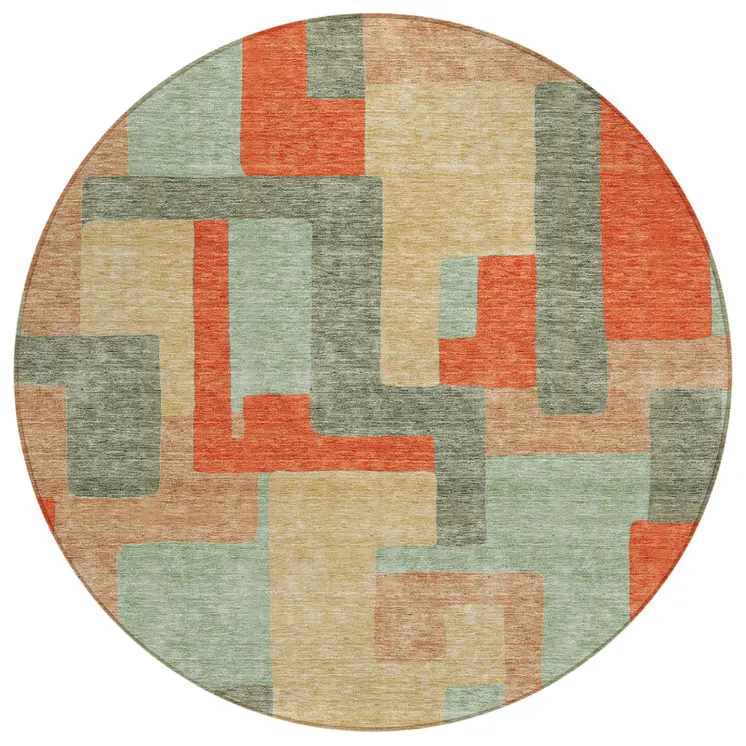 8' Sage Gray And Orange Round Geometric Washable Indoor Outdoor Area Rug
