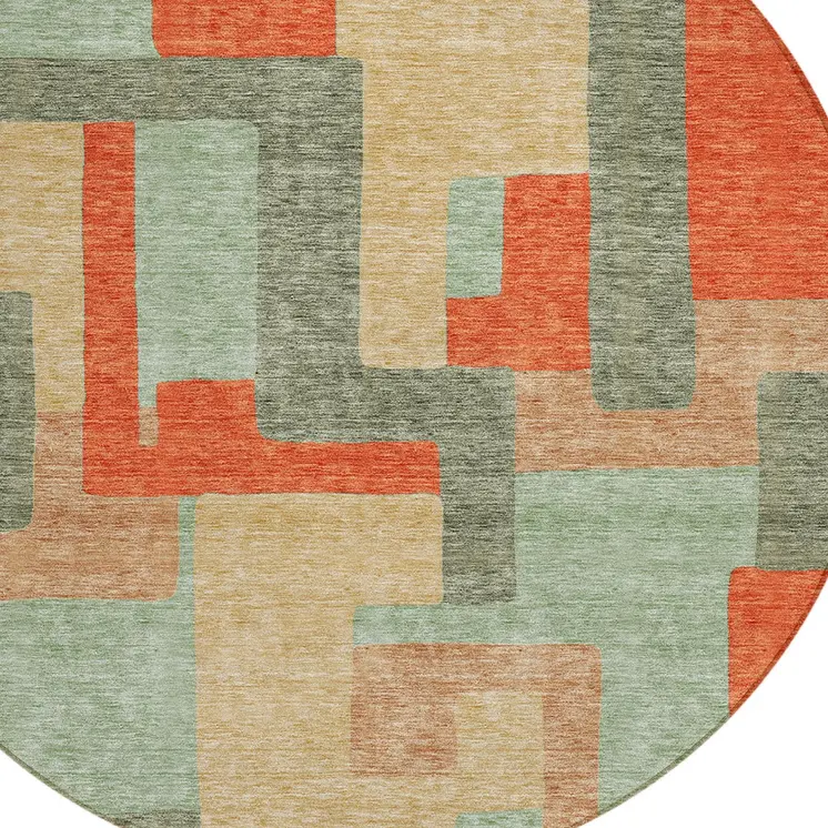 8' Sage Gray And Orange Round Geometric Washable Indoor Outdoor Area Rug