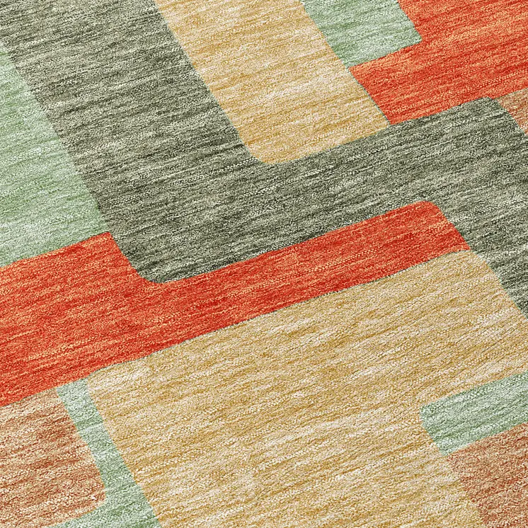 8' Sage Gray And Orange Round Geometric Washable Indoor Outdoor Area Rug