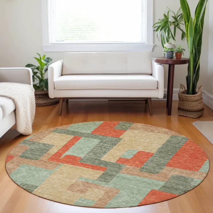 8' Sage Gray And Orange Round Geometric Washable Indoor Outdoor Area Rug