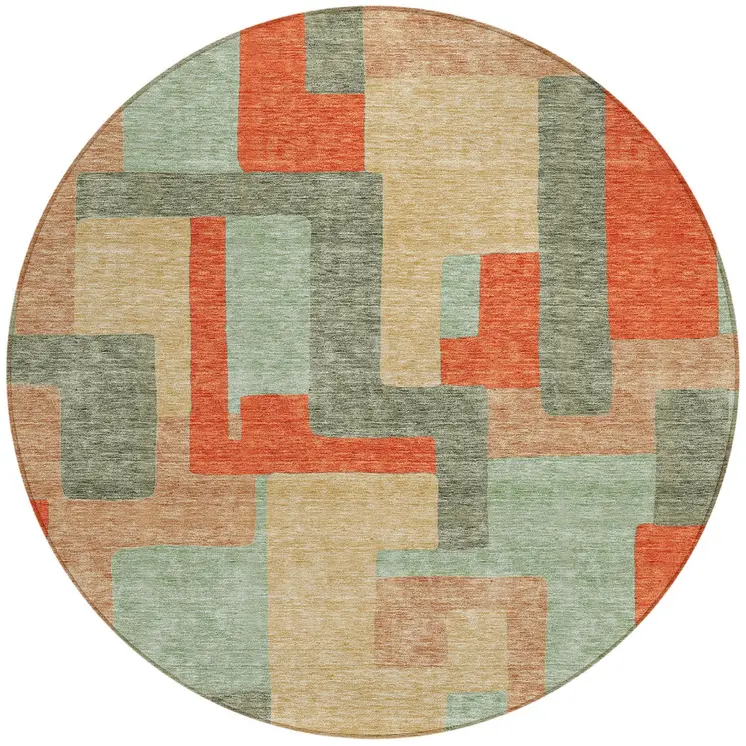8' Sage Gray And Orange Round Geometric Washable Indoor Outdoor Area Rug