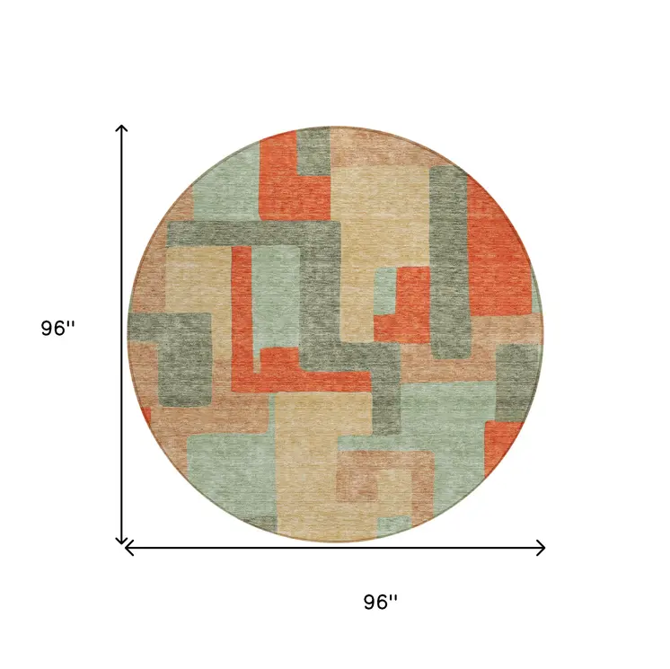 8' Sage Gray And Orange Round Geometric Washable Indoor Outdoor Area Rug