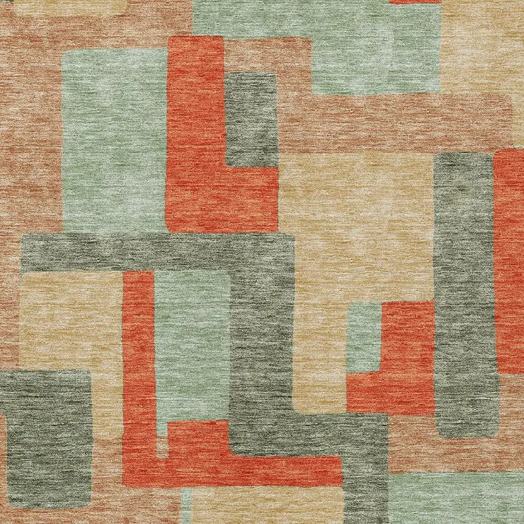 8' X 10' Sage Gray And Orange Geometric Washable Indoor Outdoor Area Rug