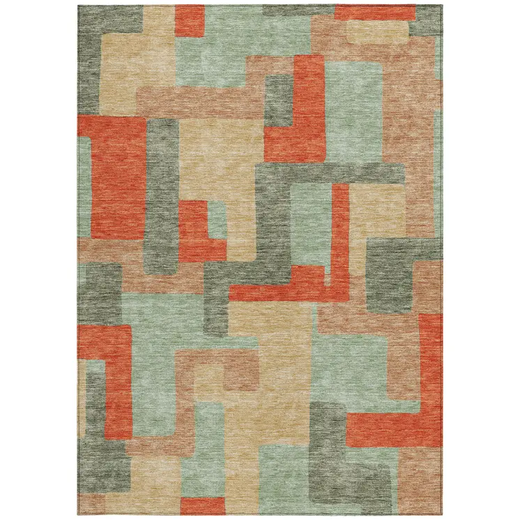 9' X 12' Sage Gray And Orange Geometric Washable Indoor Outdoor Area Rug