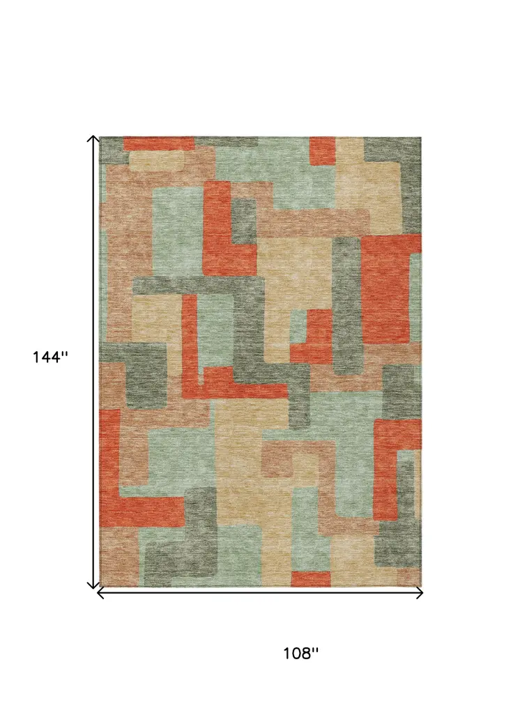 9' X 12' Sage Gray And Orange Geometric Washable Indoor Outdoor Area Rug