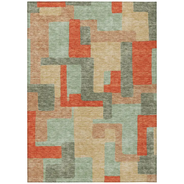 9' X 12' Sage Gray And Orange Geometric Washable Indoor Outdoor Area Rug