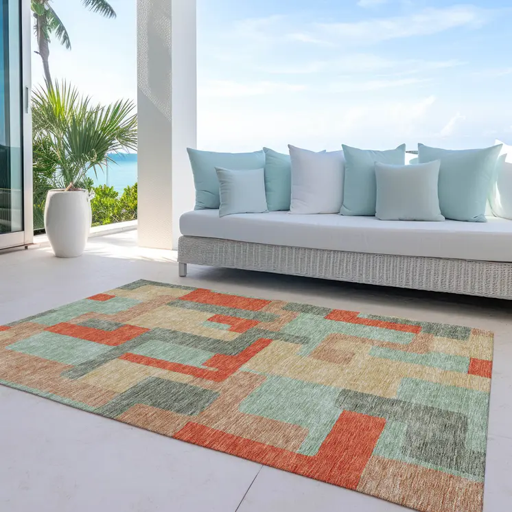 10' X 14' Sage Gray And Orange Geometric Washable Indoor Outdoor Area Rug