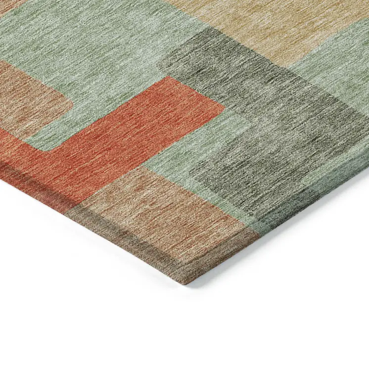 10' X 14' Sage Gray And Orange Geometric Washable Indoor Outdoor Area Rug
