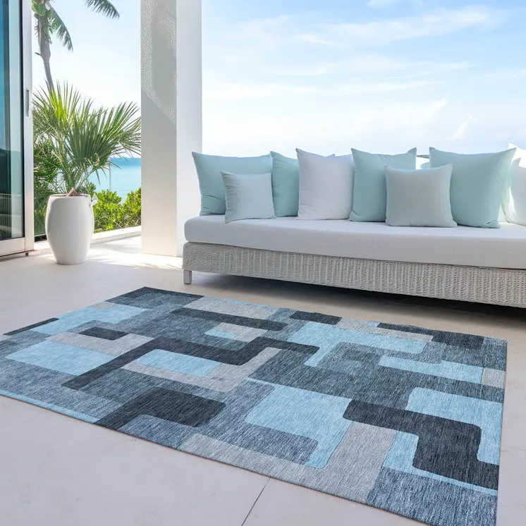 3' X 5' Sky Blue Denim Blue And Gray Geometric Washable Indoor Outdoor Area Rug