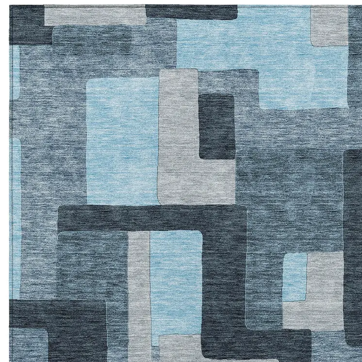 3' X 5' Sky Blue Denim Blue And Gray Geometric Washable Indoor Outdoor Area Rug