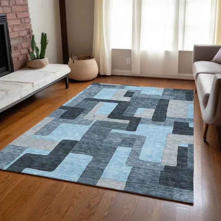 3' X 5' Sky Blue Denim Blue And Gray Geometric Washable Indoor Outdoor Area Rug