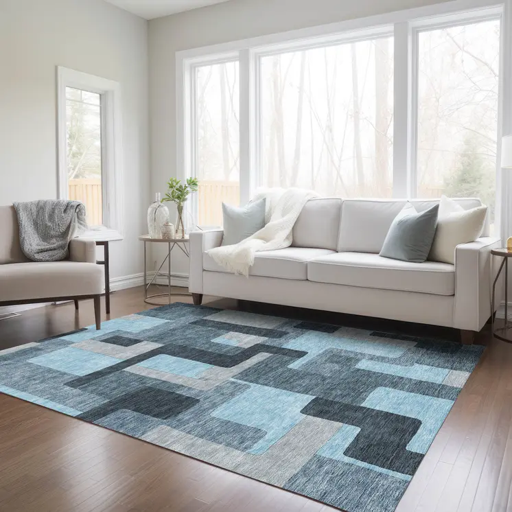 5' X 8' Sky Blue Denim Blue And Gray Geometric Washable Indoor Outdoor Area Rug