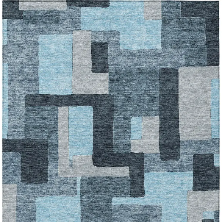 9' X 12' Sky Blue Denim Blue And Gray Geometric Washable Indoor Outdoor Area Rug
