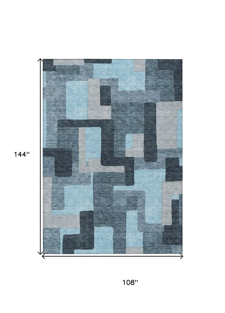 9' X 12' Sky Blue Denim Blue And Gray Geometric Washable Indoor Outdoor Area Rug
