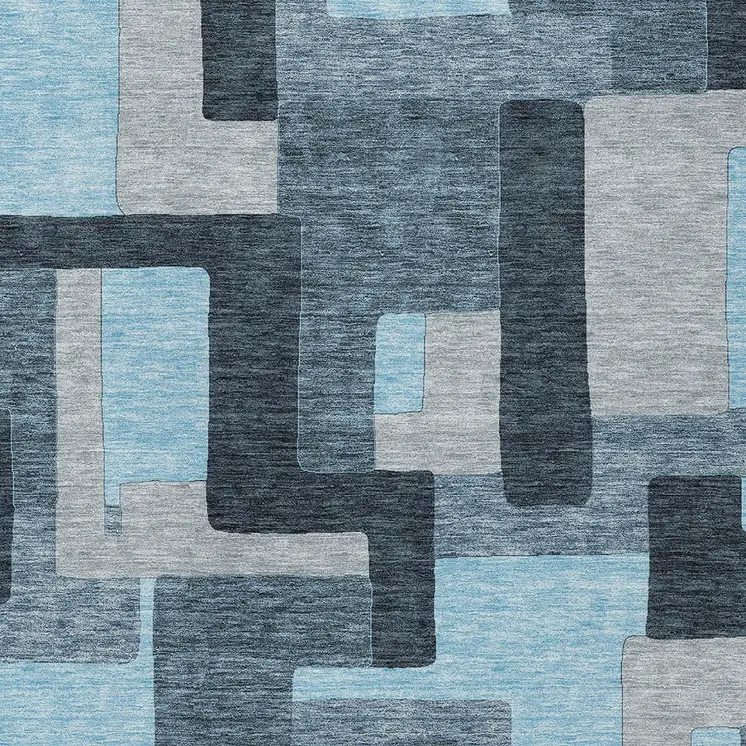 9' X 12' Sky Blue Denim Blue And Gray Geometric Washable Indoor Outdoor Area Rug