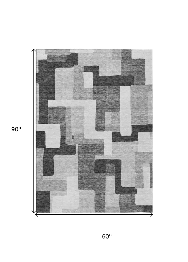 5' X 8' Silver Ivory And Charcoal Geometric Washable Indoor Outdoor Area Rug