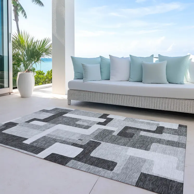 5' X 8' Silver Ivory And Charcoal Geometric Washable Indoor Outdoor Area Rug