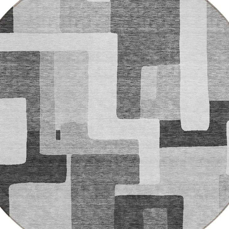 8' Silver Ivory And Charcoal Round Geometric Washable Indoor Outdoor Area Rug