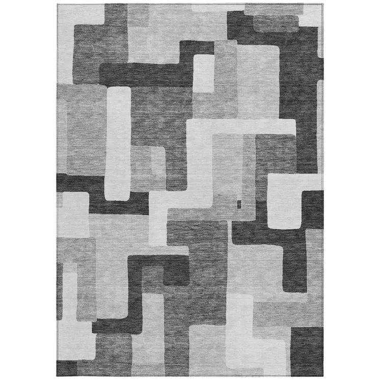 8' X 10' Silver Ivory And Charcoal Geometric Washable Indoor Outdoor Area Rug