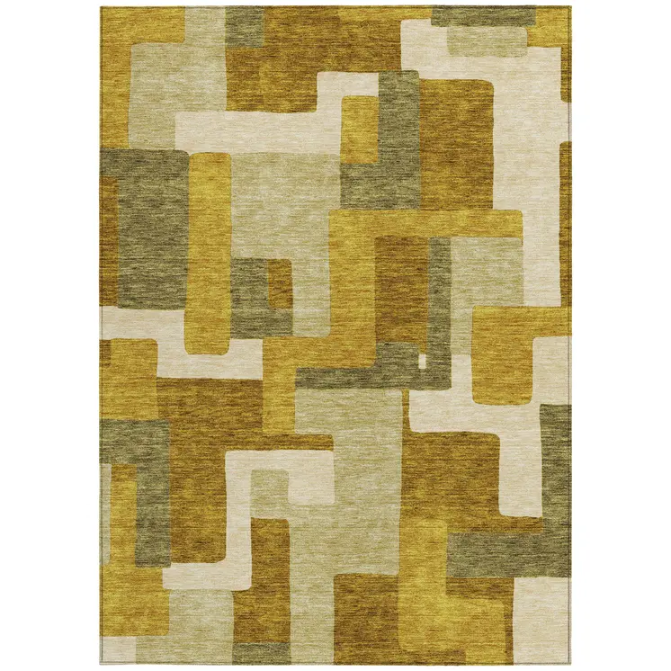 5' X 8' Wheat Ivory And Gold Geometric Washable Indoor Outdoor Area Rug