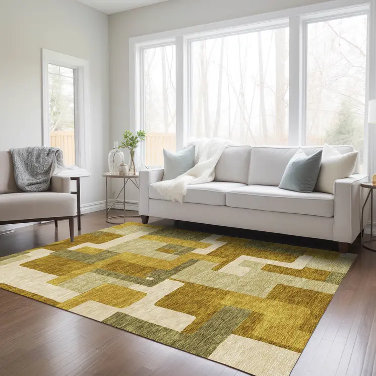 5' X 8' Wheat Ivory And Gold Geometric Washable Indoor Outdoor Area Rug