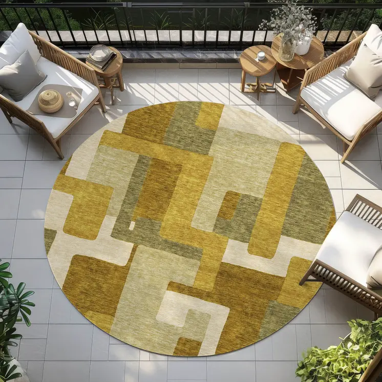 8' Wheat Ivory And Gold Round Geometric Washable Indoor Outdoor Area Rug