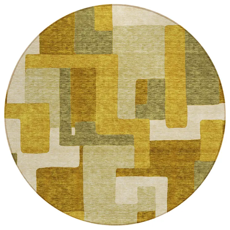 8' Wheat Ivory And Gold Round Geometric Washable Indoor Outdoor Area Rug