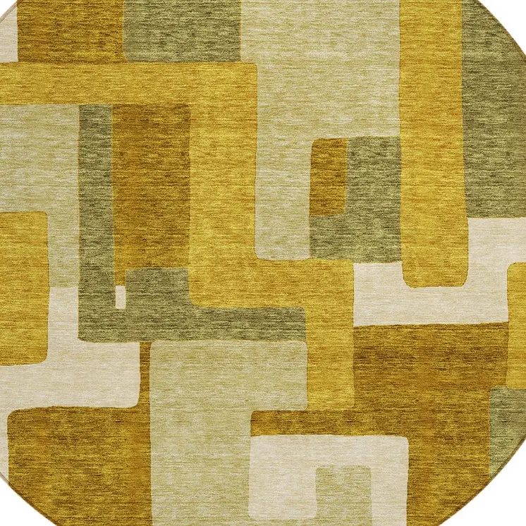 8' Wheat Ivory And Gold Round Geometric Washable Indoor Outdoor Area Rug