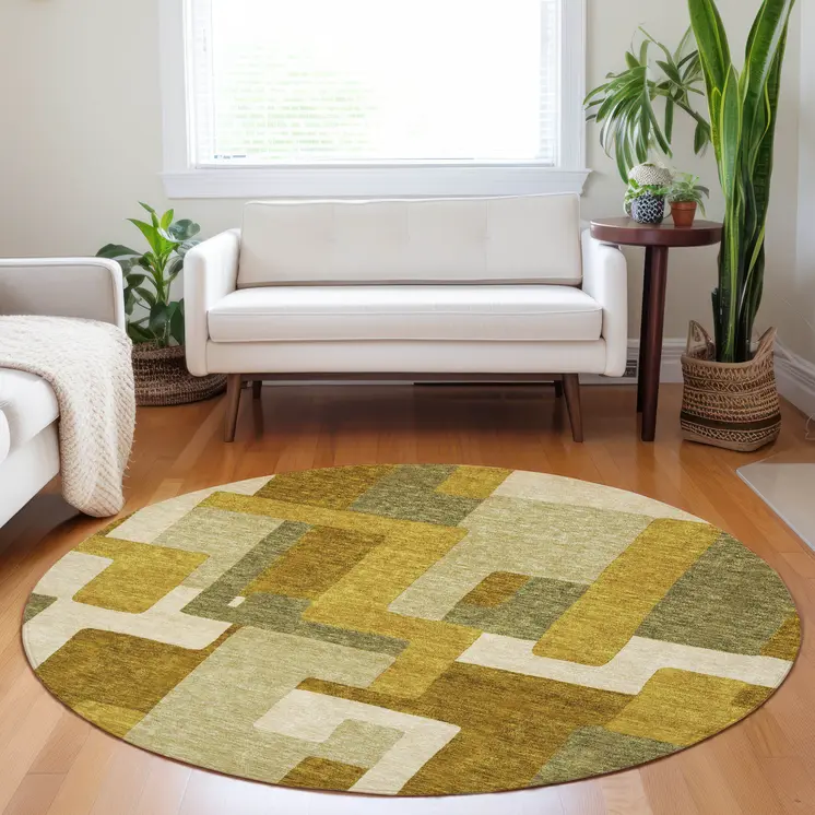 8' Wheat Ivory And Gold Round Geometric Washable Indoor Outdoor Area Rug