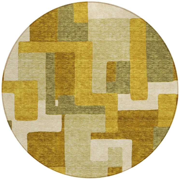 8' Wheat Ivory And Gold Round Geometric Washable Indoor Outdoor Area Rug