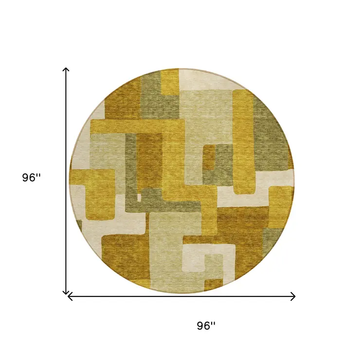 8' Wheat Ivory And Gold Round Geometric Washable Indoor Outdoor Area Rug