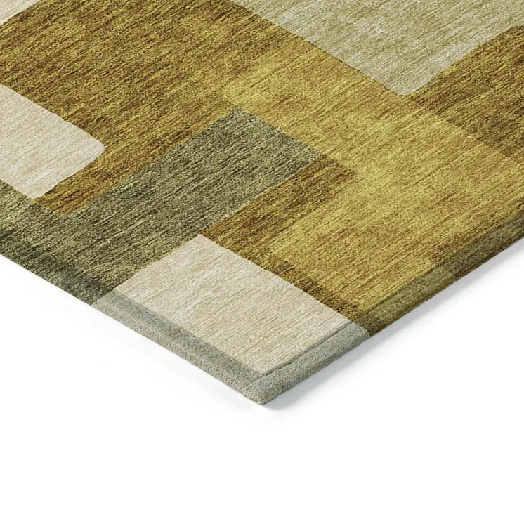 9' X 12' Wheat Ivory And Gold Geometric Washable Indoor Outdoor Area Rug