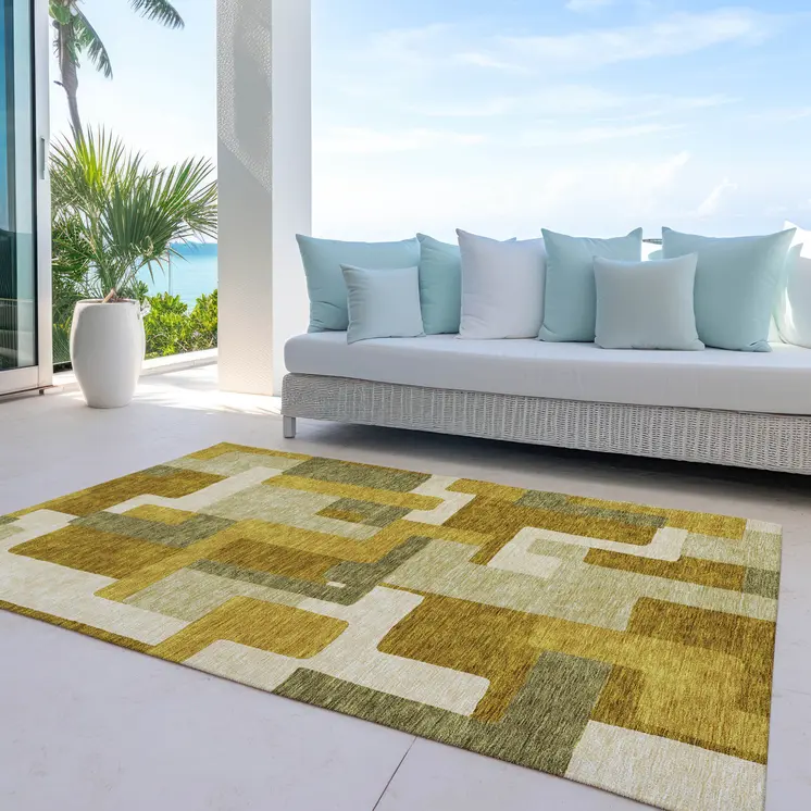 10' X 14' Wheat Ivory And Gold Geometric Washable Indoor Outdoor Area Rug