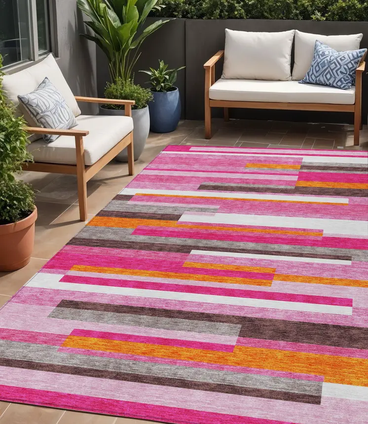 5' X 8' Blush Plum And Ivory Striped Washable Indoor Outdoor Area Rug