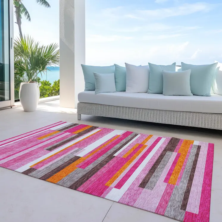 5' X 8' Blush Plum And Ivory Striped Washable Indoor Outdoor Area Rug
